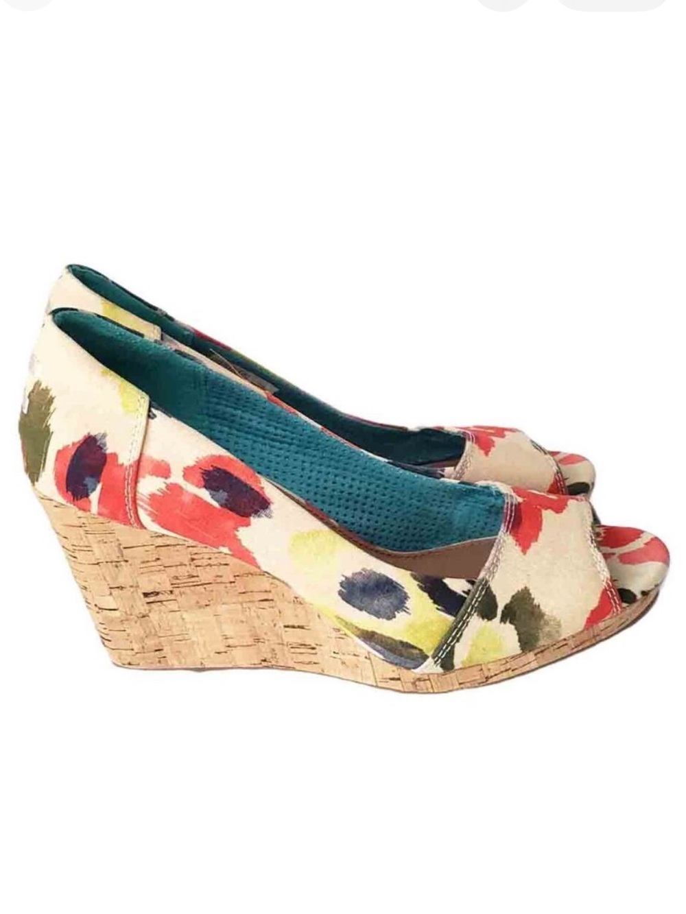 Toms Multi-Color Watercolor Stella Cork Peep-Toe Wedges